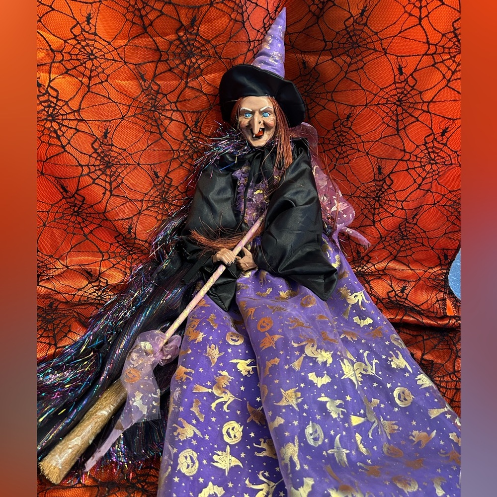 Witch in purple and gold, large porcelain witch, Halloween decor